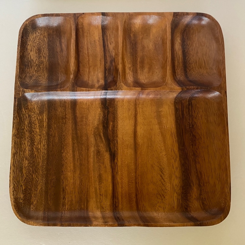Vintage Wood Divided Serving Tray Dish Decor Mid-Century Modern MCM Brown Square